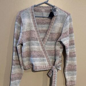 Elegant Striped Wrap Cardigan - Pink and Gray